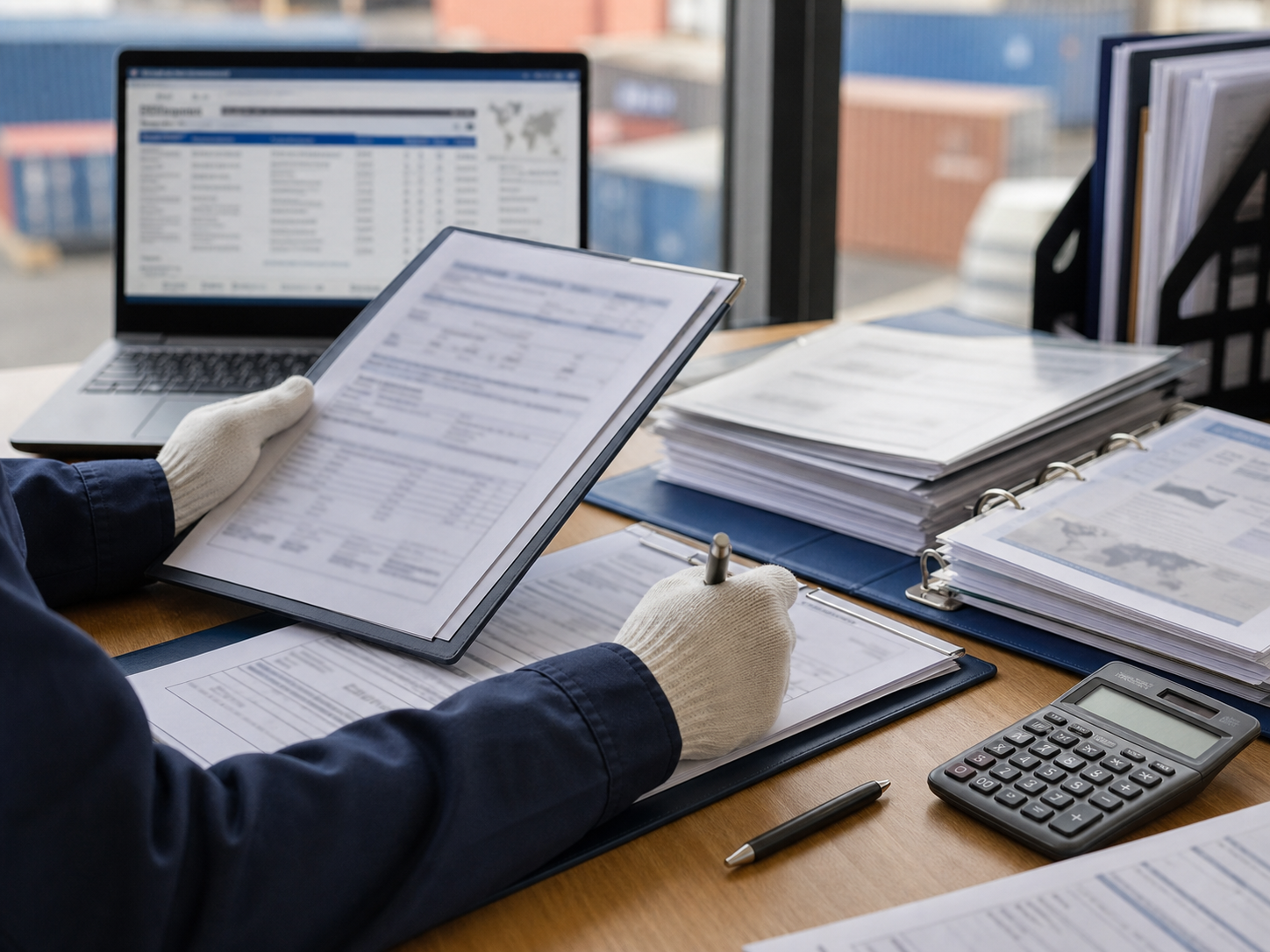 Freight document coordination desk with laptop and document packets