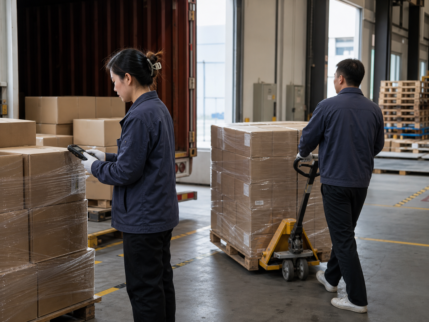 Warehouse receiving dock with cartons and pallet handling