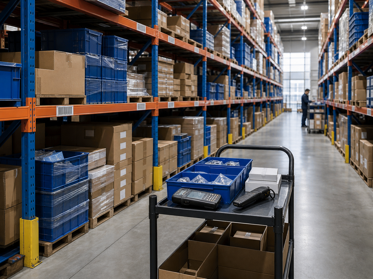 Warehouse aisle with storage racks and inventory cart