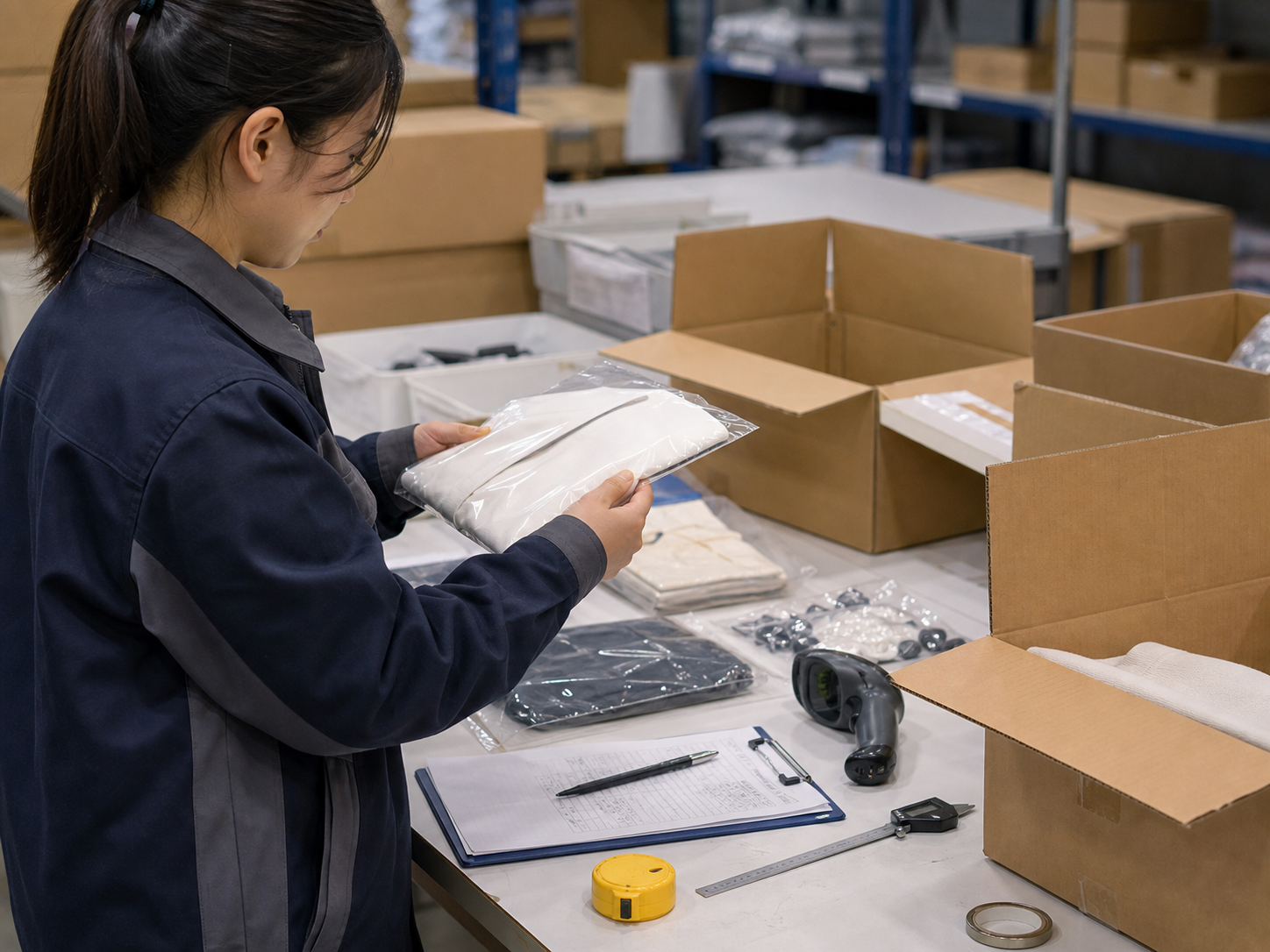 Quality control workstation with cartons and inspection tools